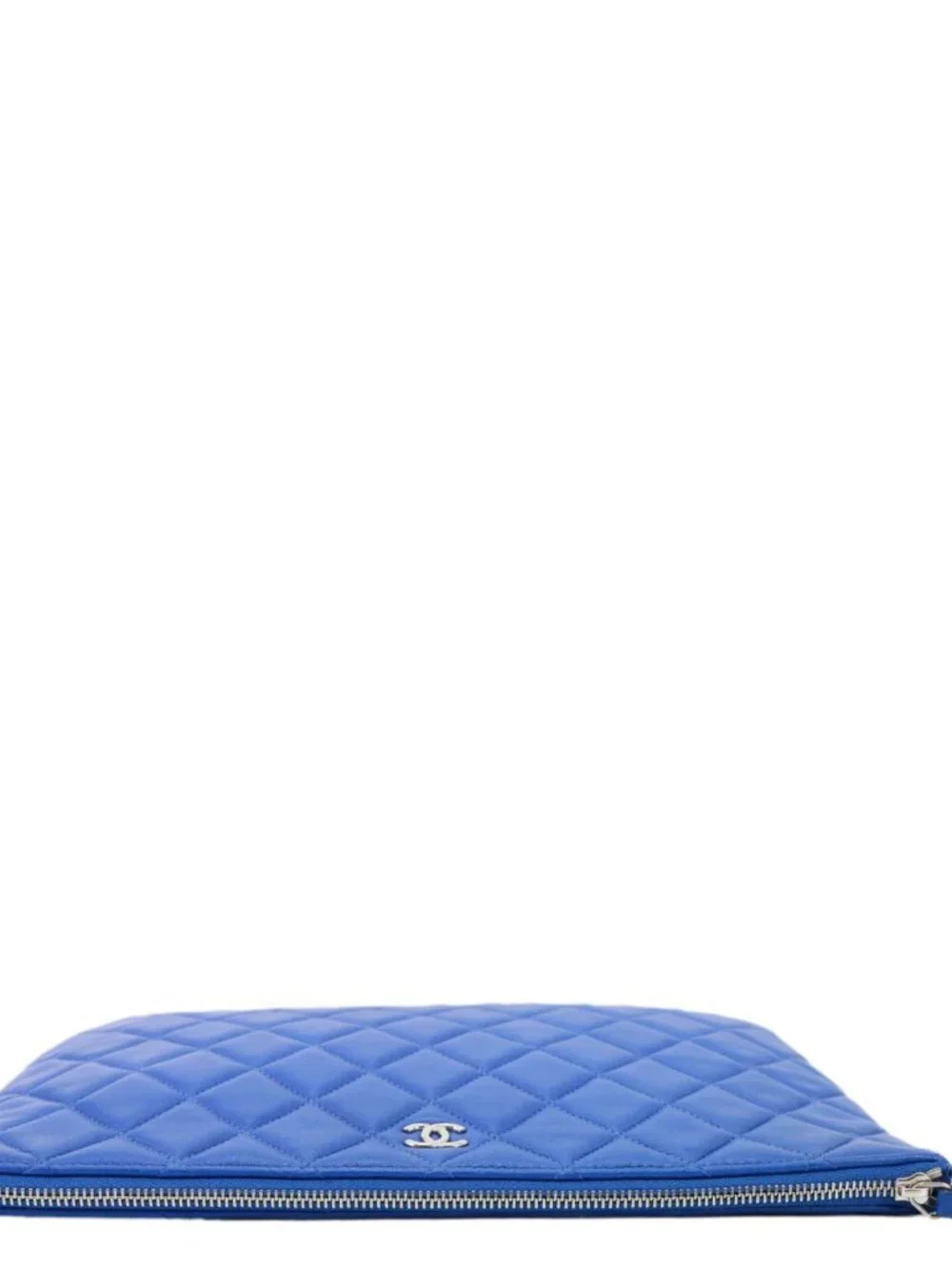 Chanel O Case Large Quilted Lambskin Leather Clutch Blue
